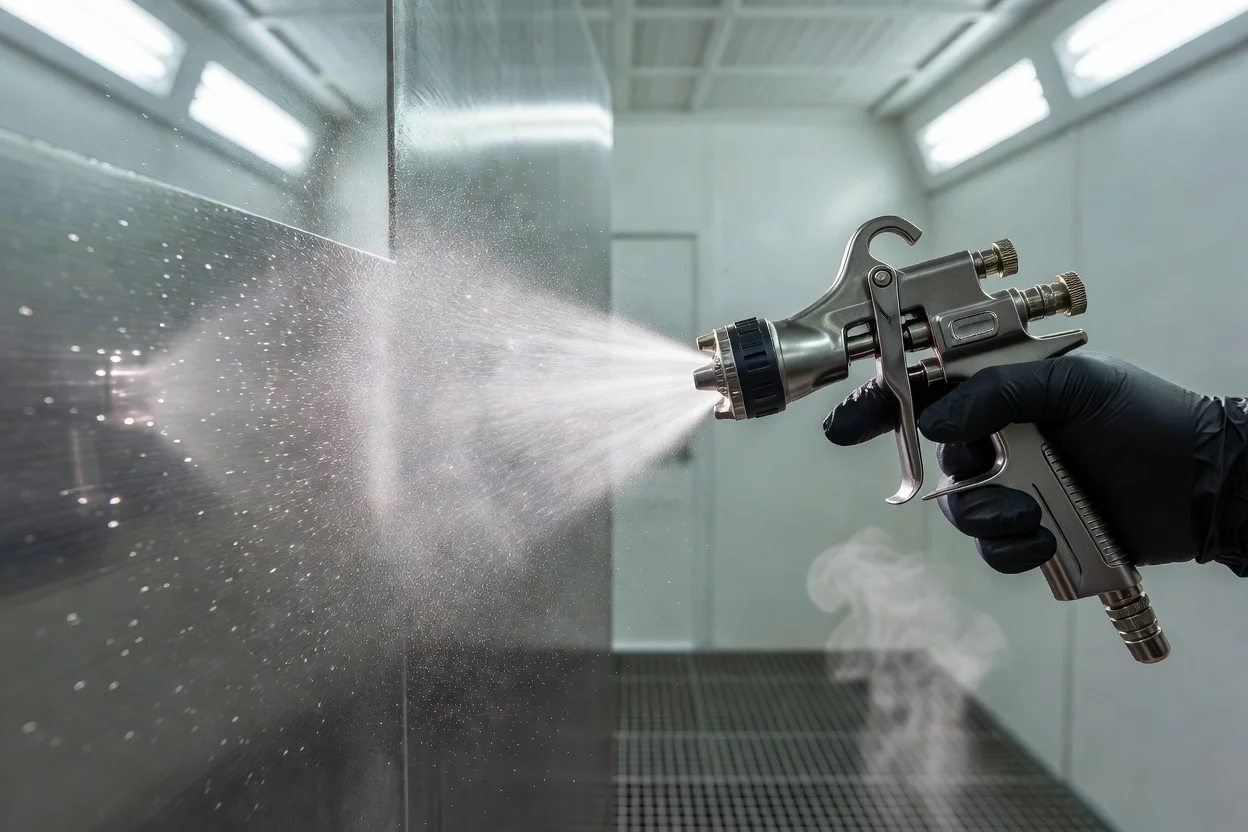 Spray gun applies uniform coating mist to metal surface in controlled industrial finishing process - plascentral.com


