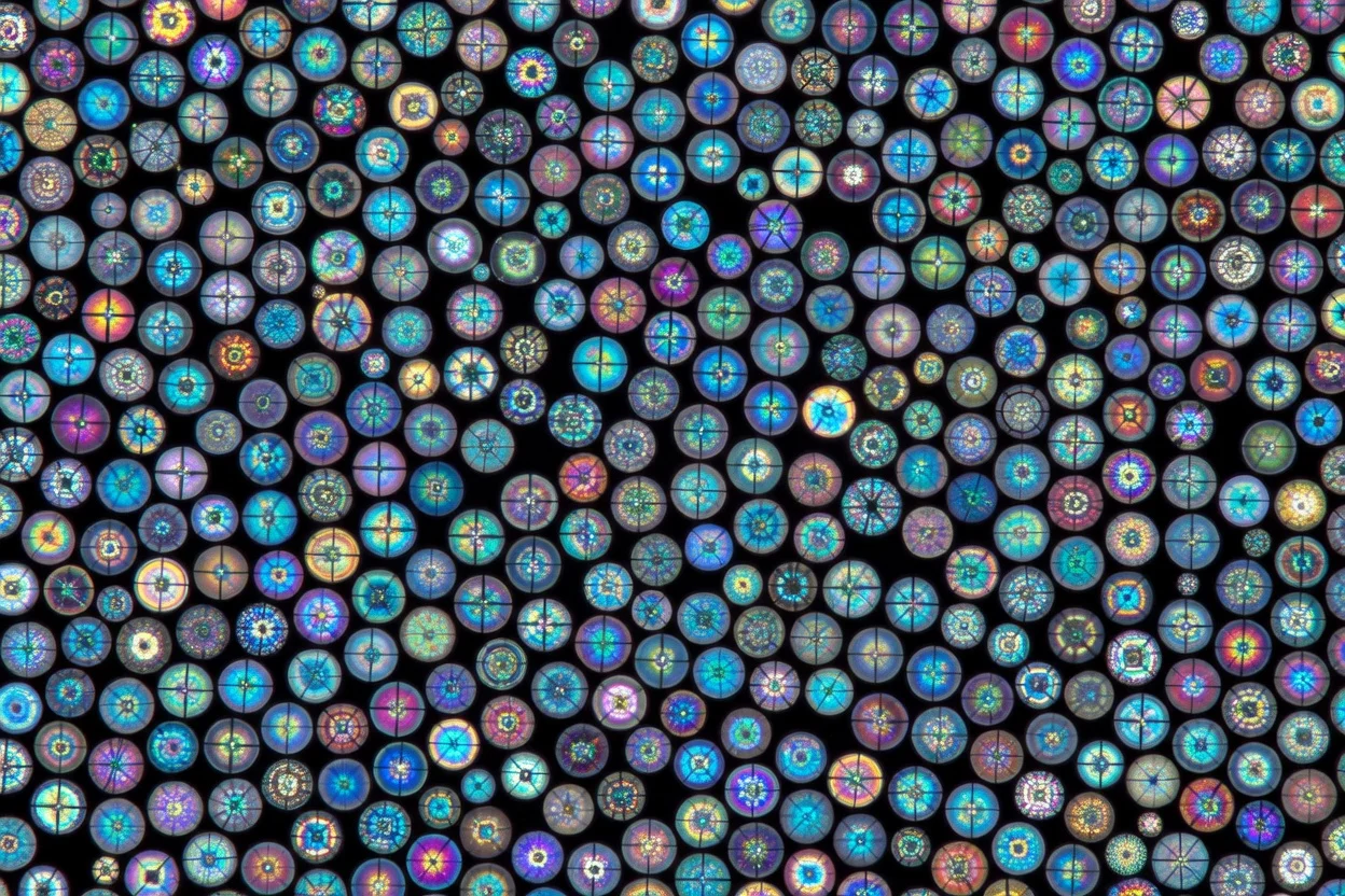 Elementos de embalaje de polipropileno circulares transparentes dispuestos en un patrón de cuadrícula. - plascentral.com

