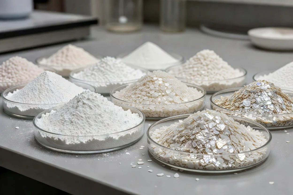Polvos de carga mineral blanca surtidos y escamas reflectantes en tazones de vidrio de laboratorio para plásticos. - plascentral.com

