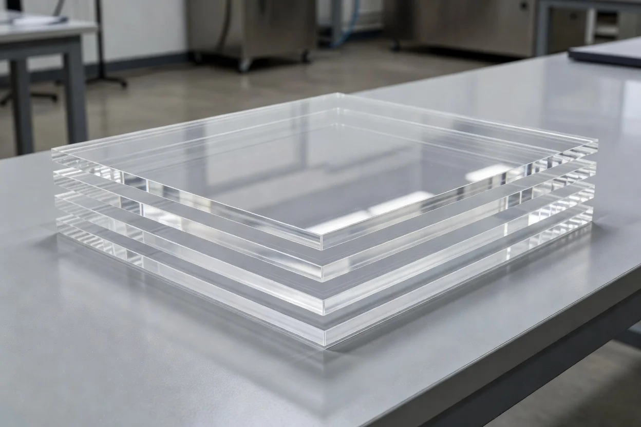 Láminas acrílicas transparentes apiladas uniformemente para fabricación y procesamiento industrial - plascentral.com

