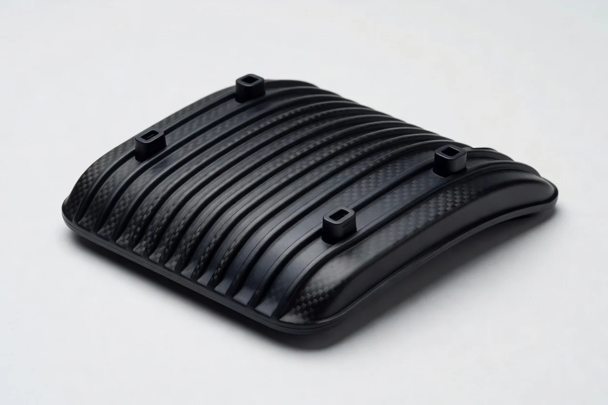 Componente compuesto moldeado reforzado con fibra de carbono negro con textura de tejido visible y nervaduras paralelas. - plascentral.com

