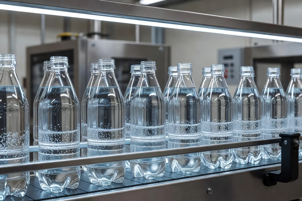 Clear plastic bottles filled with liquid travel along a conveyor in a packaging production line. - plascentral.com

