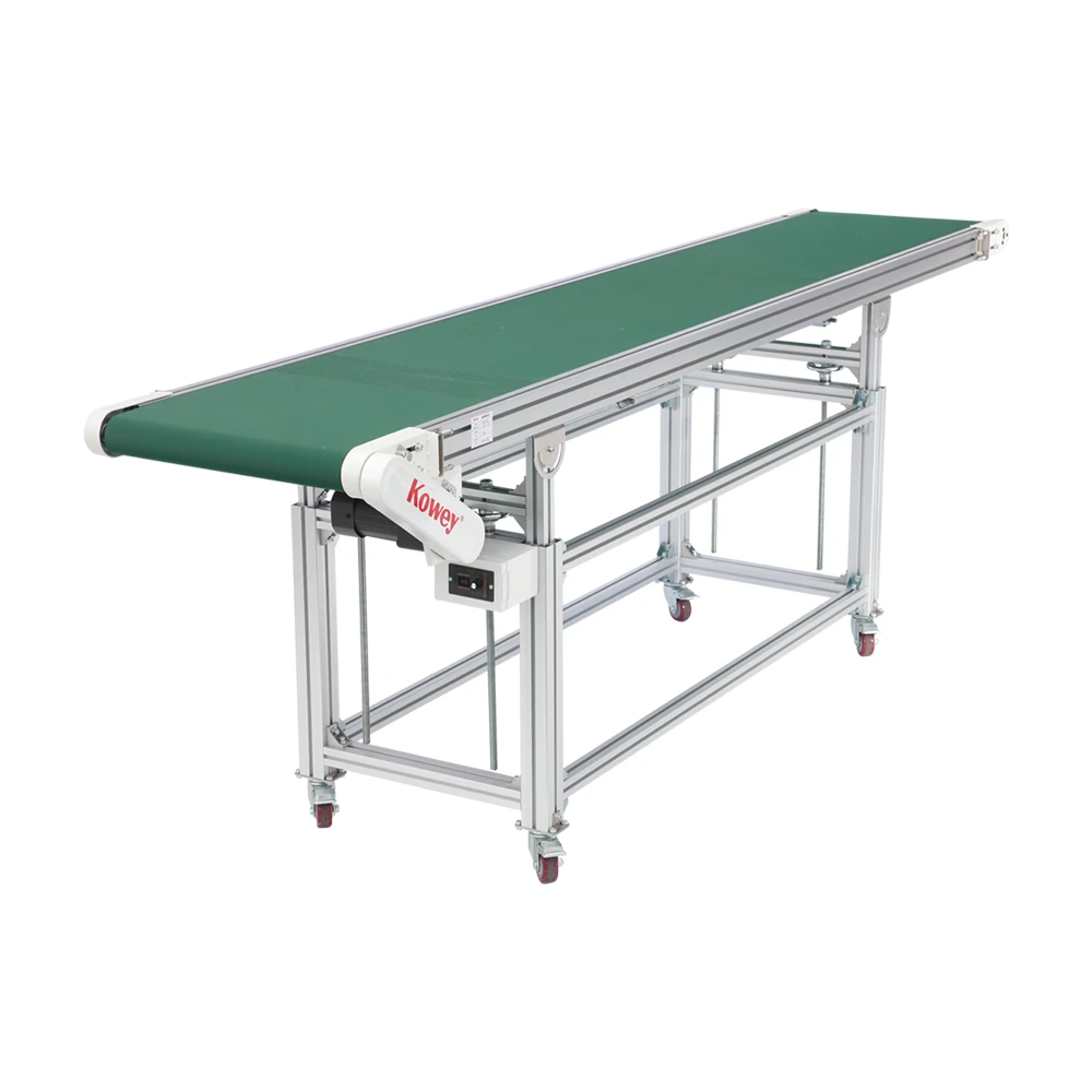 Banda transportadora modular verde sobre marco de aluminio con ruedas para transportar componentes plásticos en líneas de producción. - ZHUHAI KOWEY PRECISION MACHINERY CO.,LTD. | Cpsemarketplace