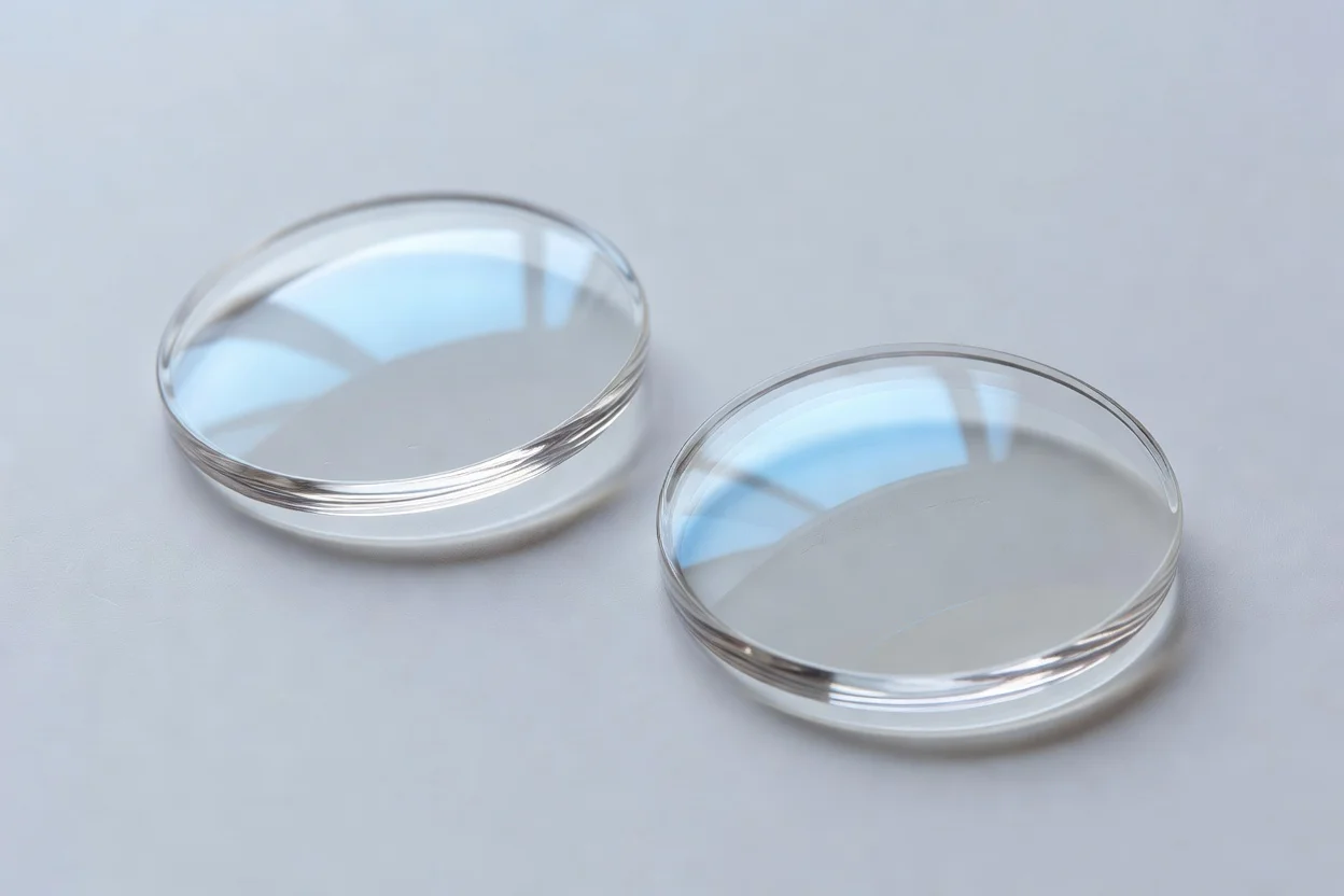 Lentes de plástico transparente con bloqueo de luz azul y bordes circulares precisos. - plascentral.com

