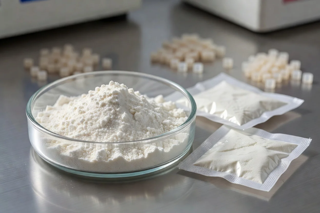 Polvo estabilizador de carbodiimida en sobres de papel de aluminio sellados con gránulos de polímero. - plascentral.com


