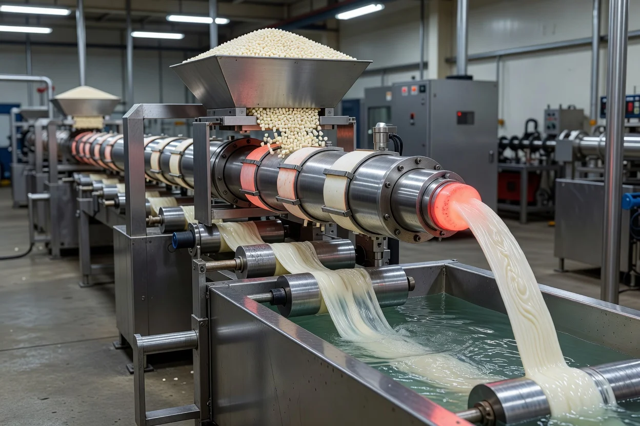 Los gránulos de polímero SEBS se alimentan desde la tolva a la línea de extrusión con material fundido desde el molde. - plascentral.com

