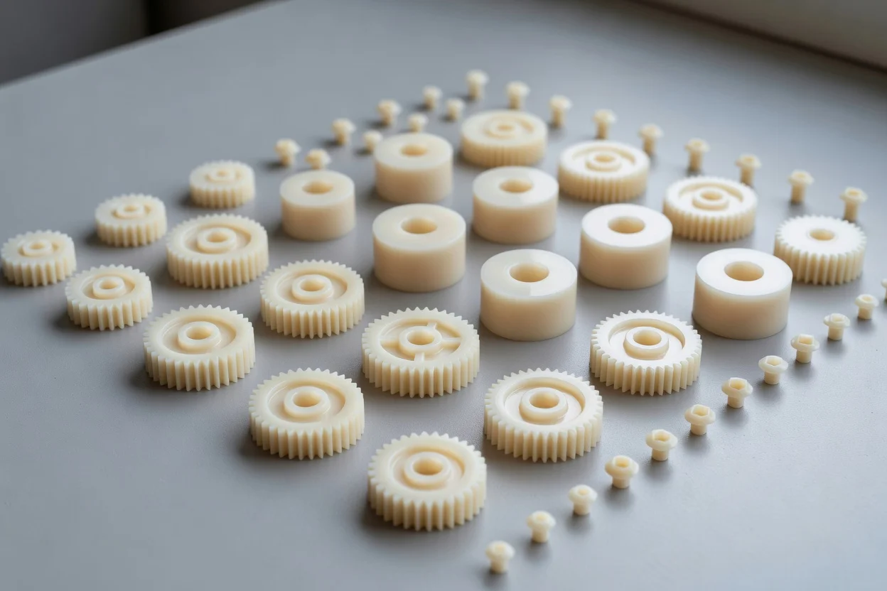 Precision-molded acetal gears and cylindrical components for mechanical assemblies. - plascentral.com

