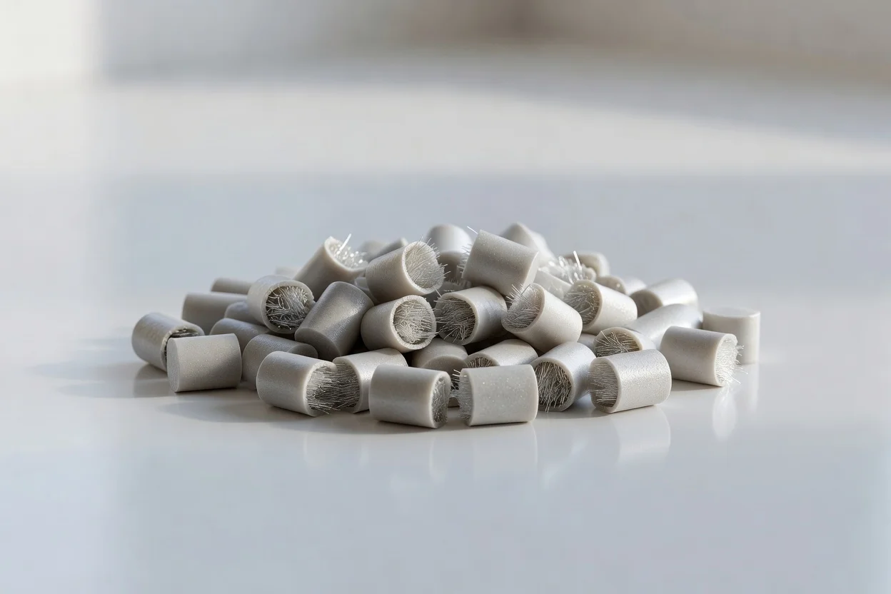 短纤维增强聚合物颗粒，切割端可见纤维丝束。 - plascentral.com