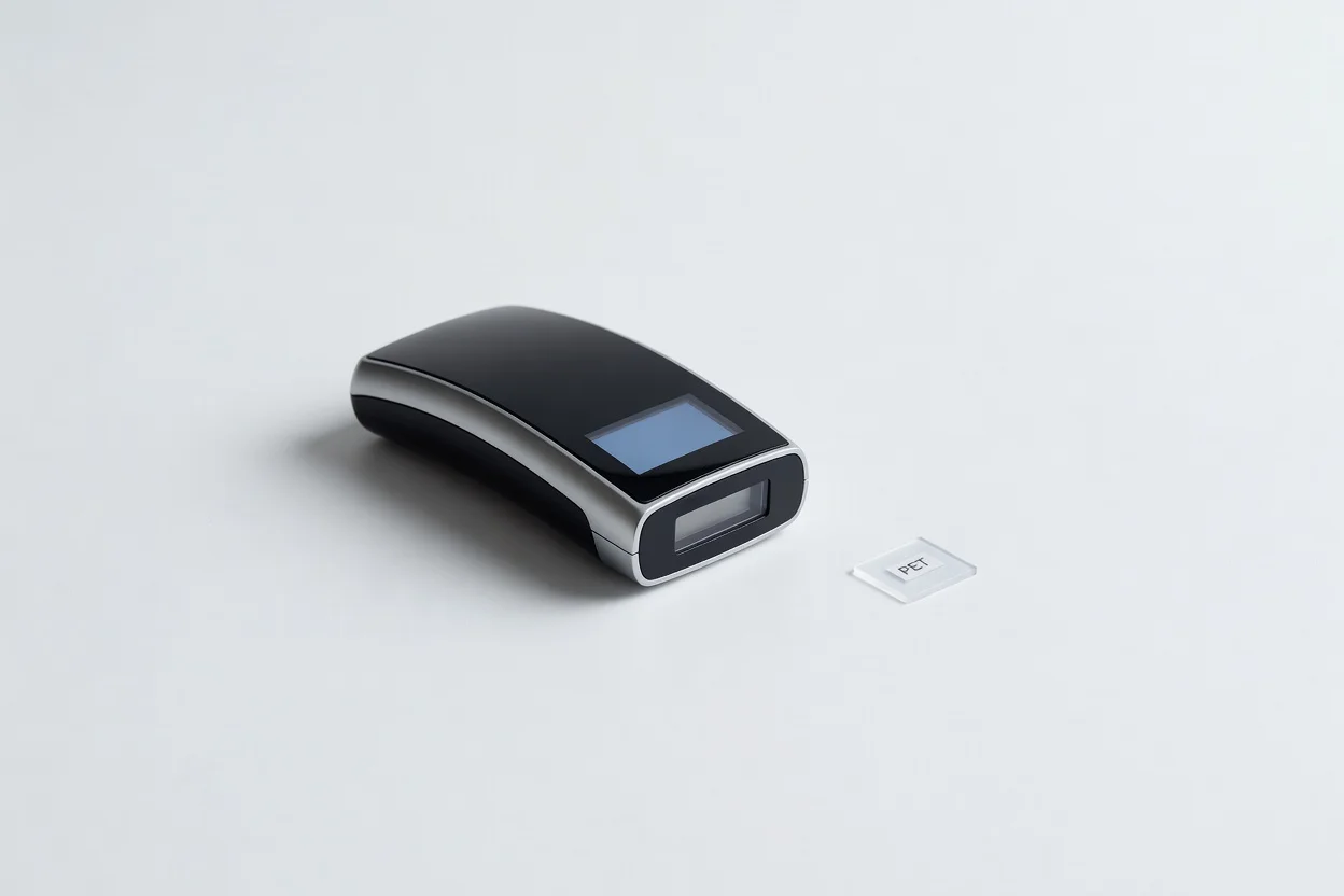 Dispositif portatif d'identification en plastique avec écran numérique analyse un échantillon de test PET étiqueté. - plascentral.com