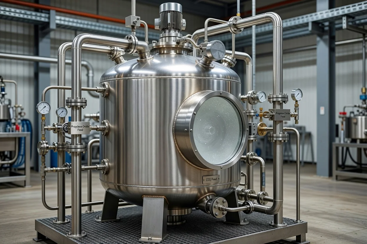 Recipiente de reactor de acero inoxidable con múltiples líneas de alimentación, manómetros y válvulas de control para el procesamiento de polímeros - plascentral.com

