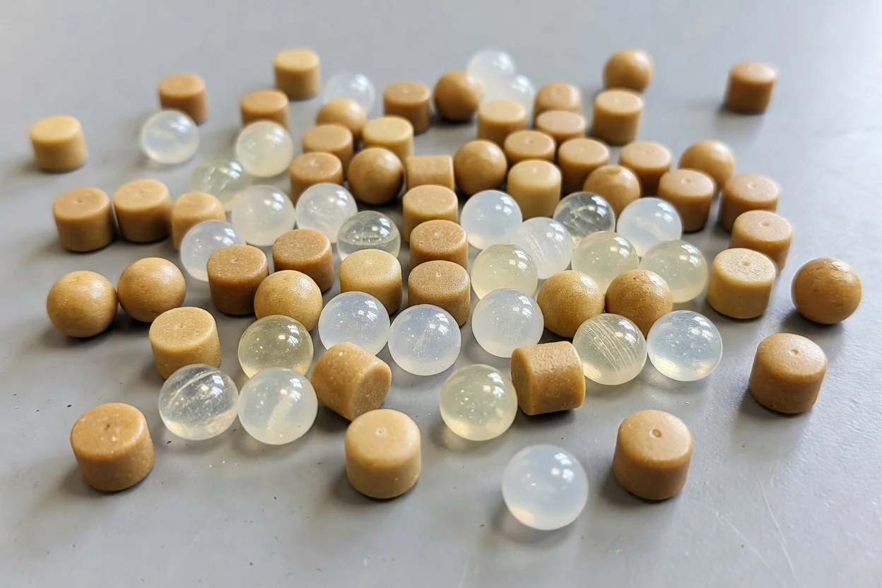 Granulés d'additif polymère sous formes cylindrique et sphérique, disponibles en variétés beige, translucide et claire. - plascentral.com

