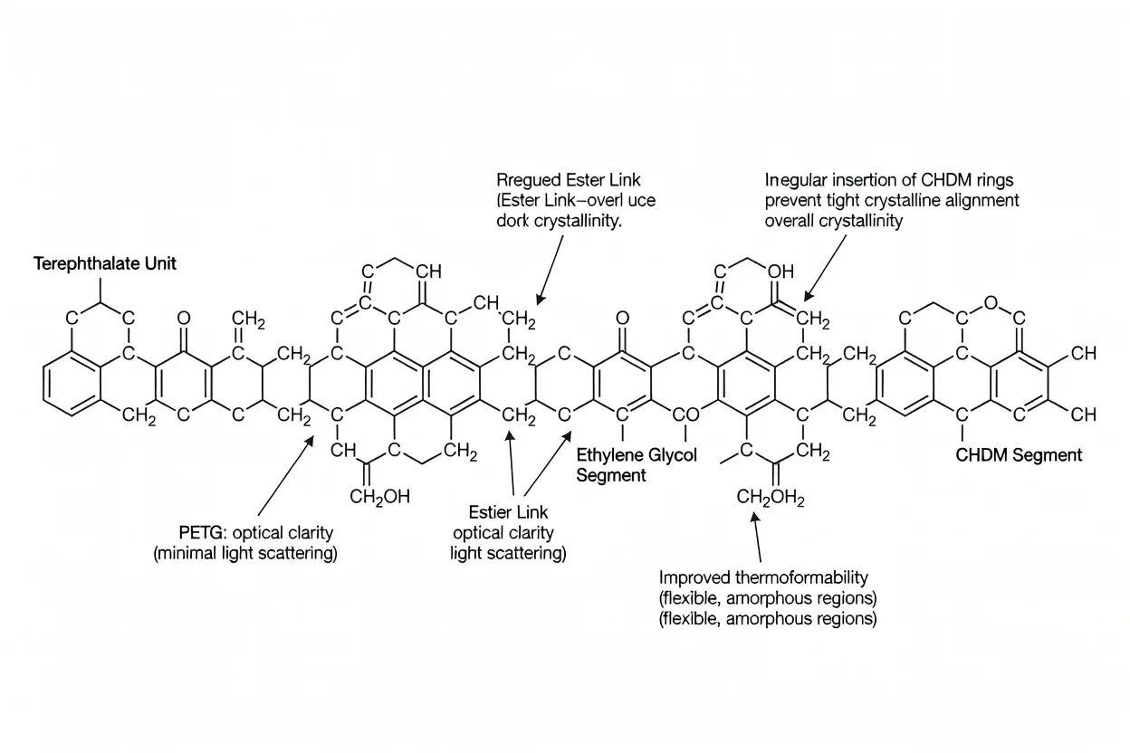 PETG的分子结构，显示对苯二甲酸酯、乙二醇和CHDM链段及酯键 - plascentral.com

