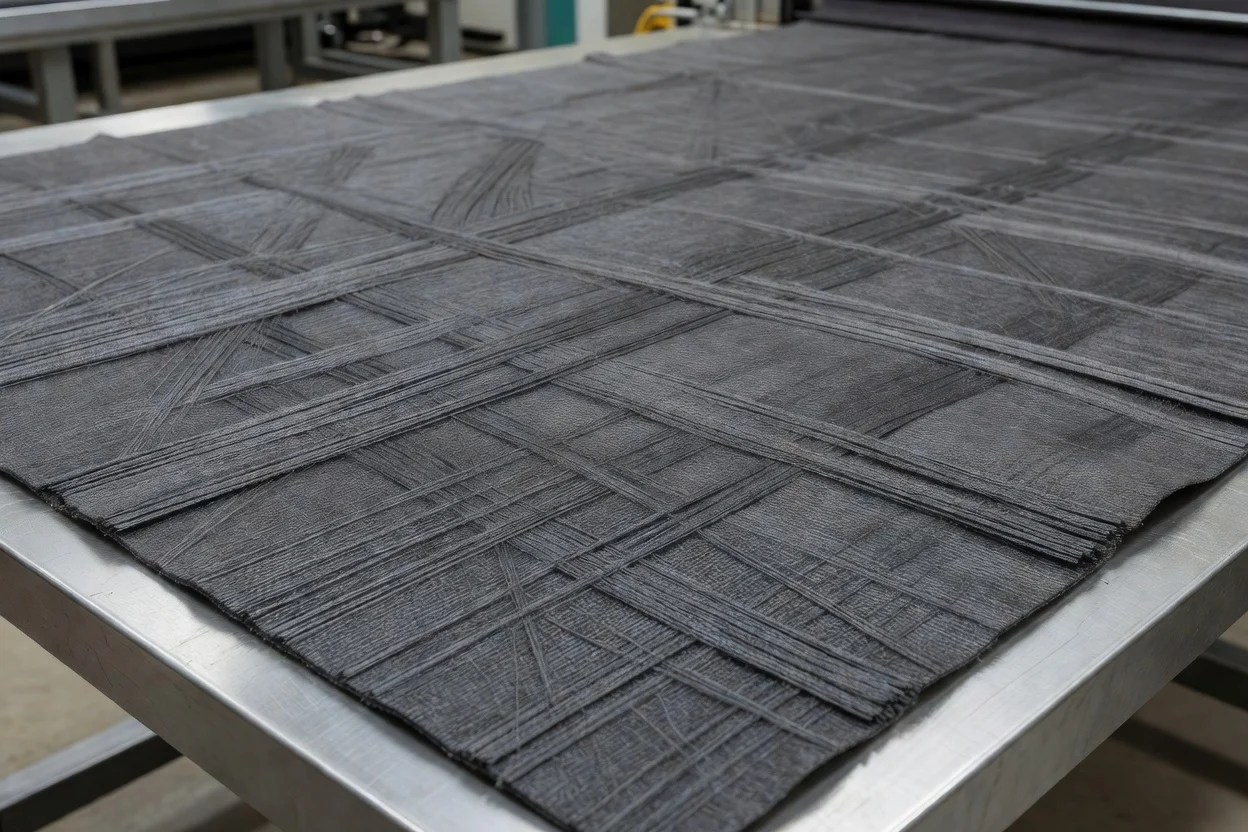Layered gray recycled fiber sheets arranged in a grid pattern. - plascentral.com

