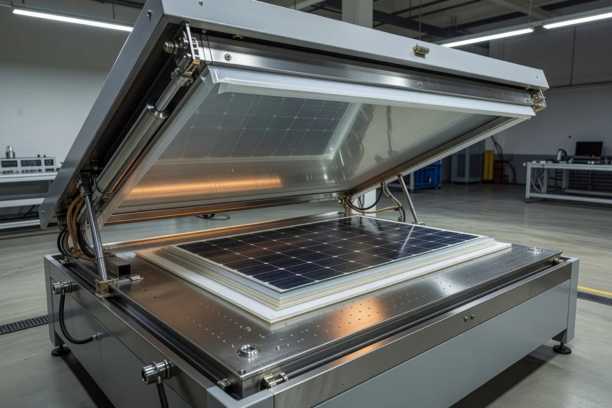 Laminador solar al vacío con cámara superior calentada abierta sobre el módulo fotovoltaico en capas - plascentral.com

