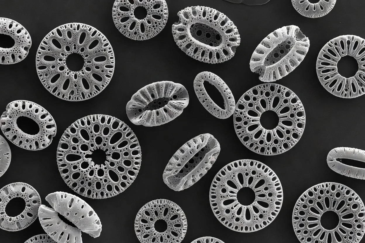 Polvo de kieselguhr poroso con frústulas de diatomeas simétricas y perforaciones para la mezcla de polímeros - plascentral.com

