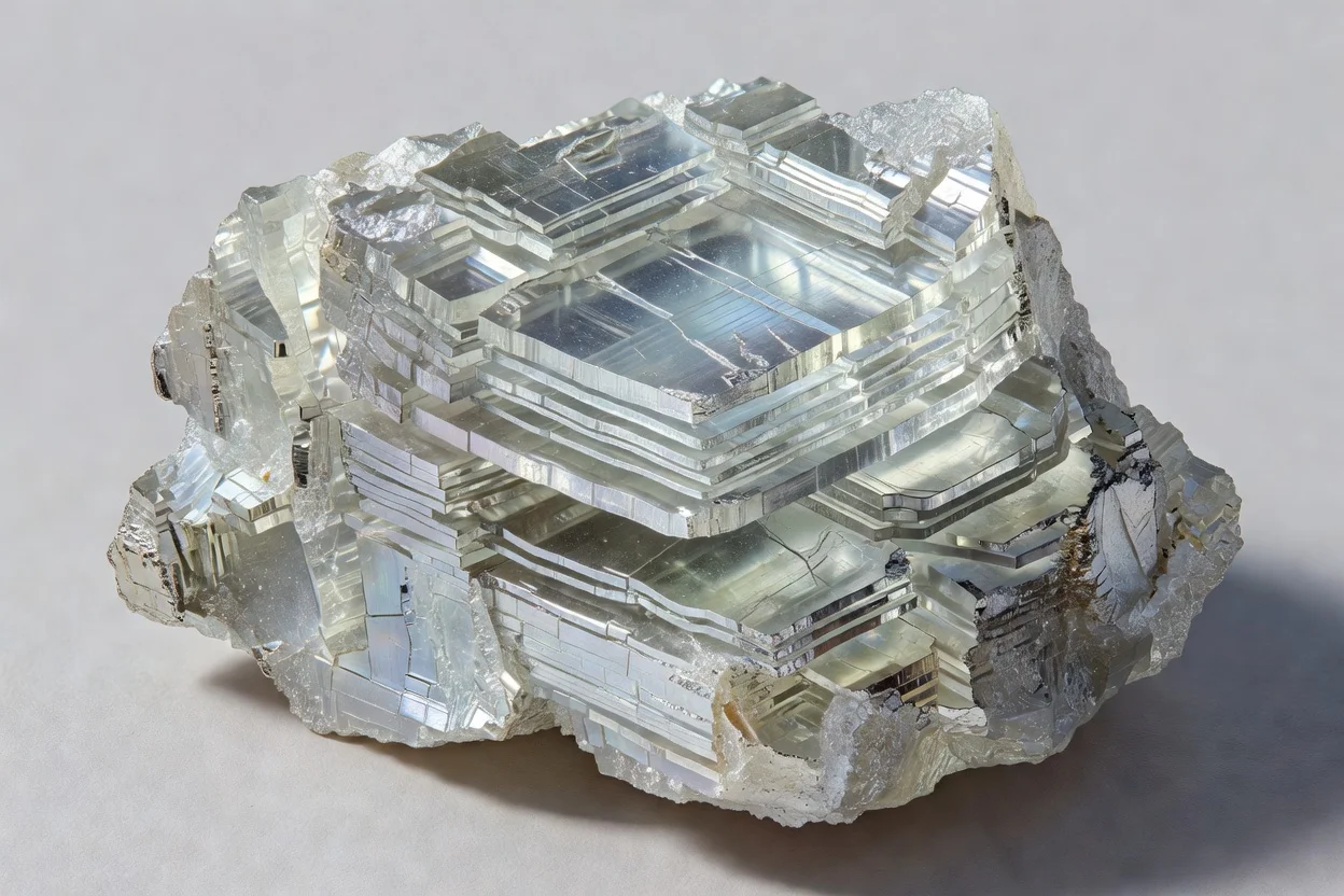 Feuilles de mica stratifiées transparentes avec un clivage basal parfait et des surfaces réfléchissantes. - plascentral.com

