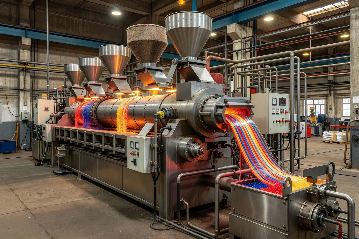 Ligne d'extrusion produisant des granulés de masterbatch multicolores à partir de brins fondus rouges, bleus, jaunes et oranges se refroidissant en granules. - plascentral.com

