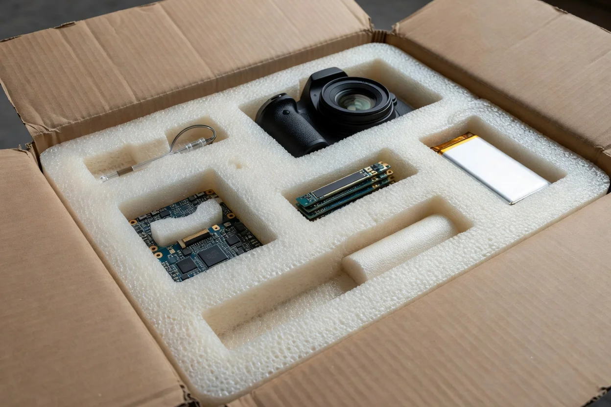 Custom-cut white PE foam insert trays securely protecting electronic components during shipping. - plascentral.com

