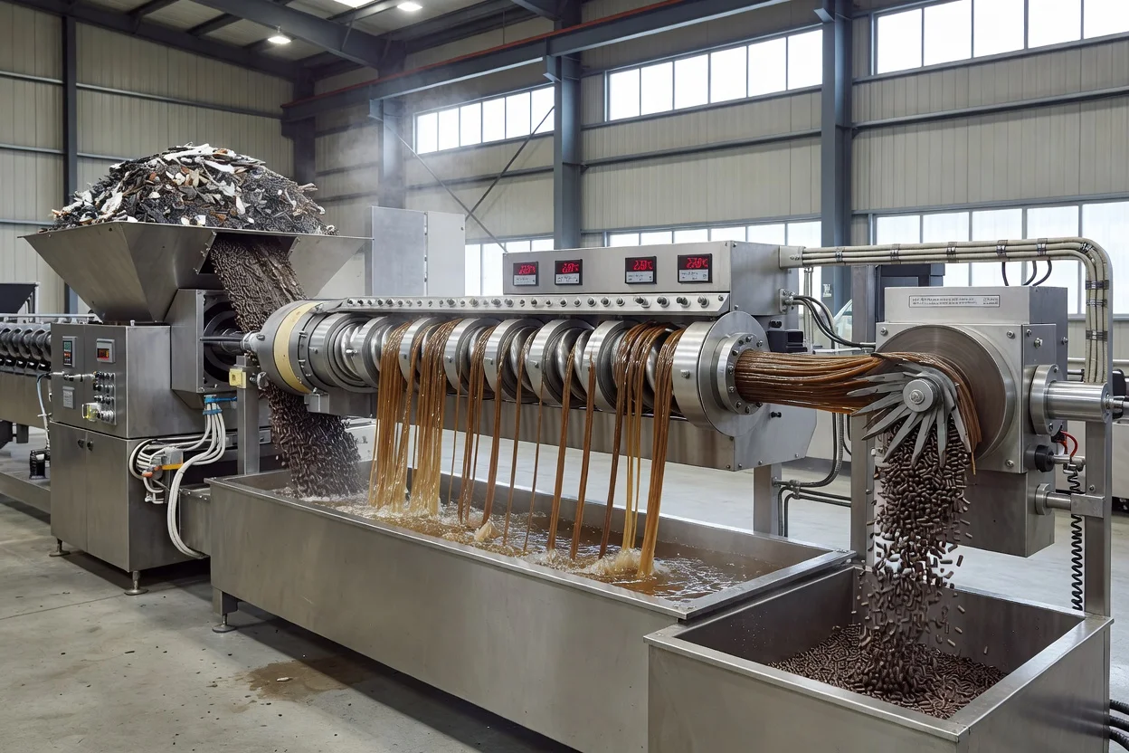 Extrusion line processing recycled plastic waste into uniform rABS polymer pellets - plascentral.com

