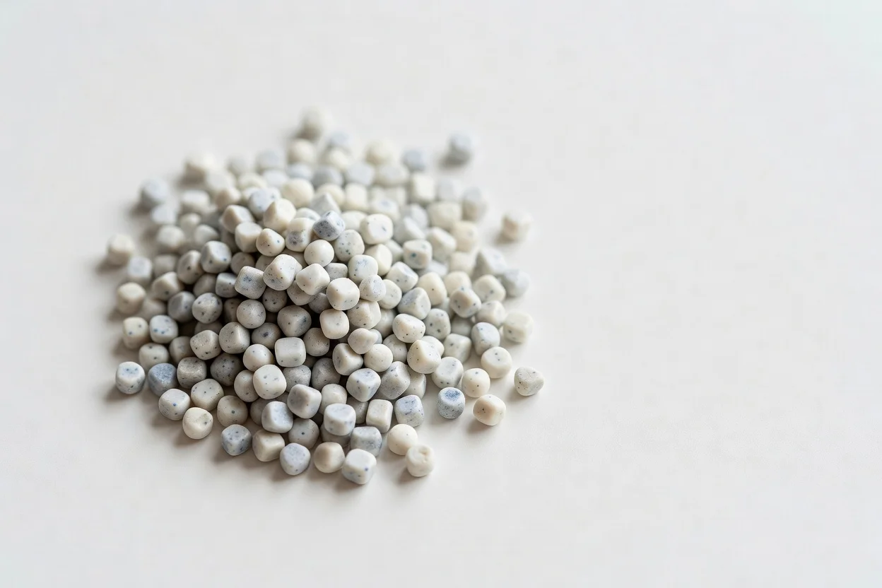 Granulés de PVC recyclé de forme irrégulière, dans des tons blanc cassé et gris, avec de légères taches. - plascentral.com