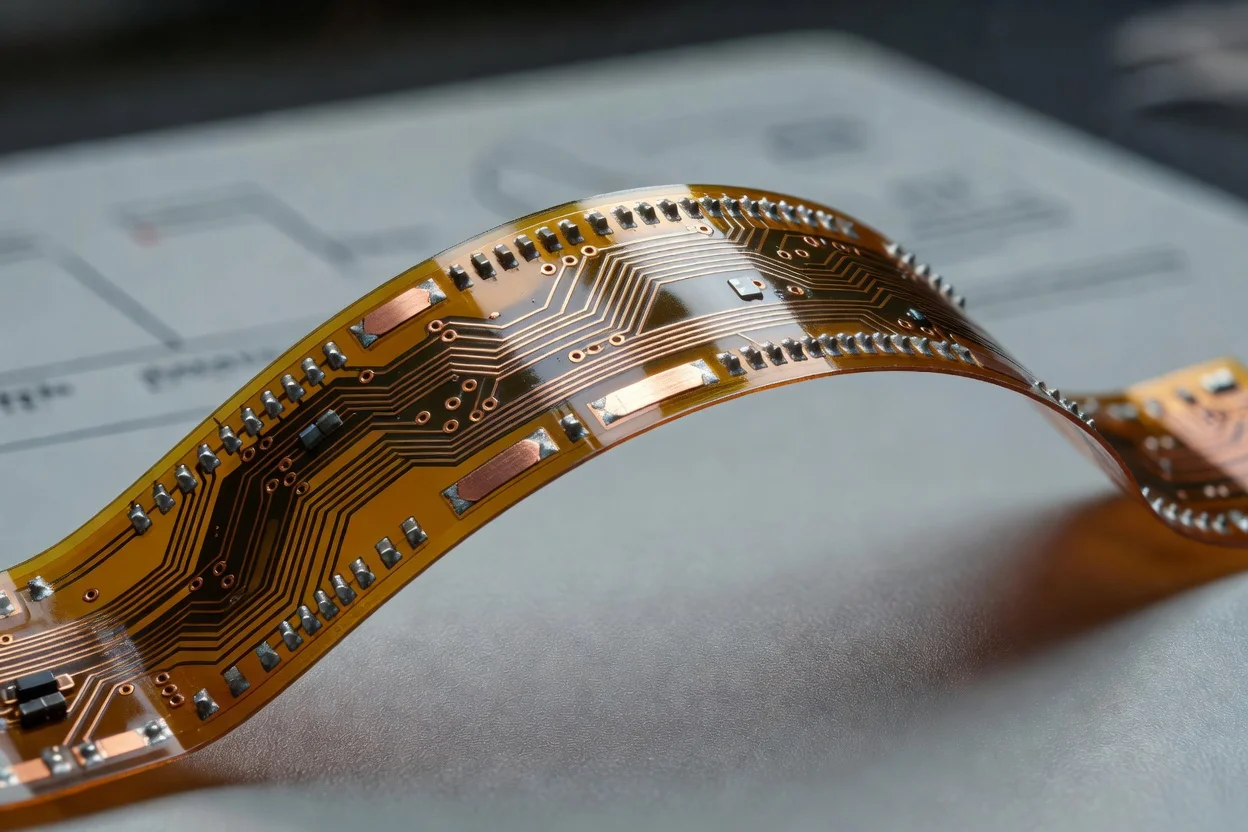 Flexible printed circuit with amber polyimide film substrate and copper traces for electronics. - plascentral.com

