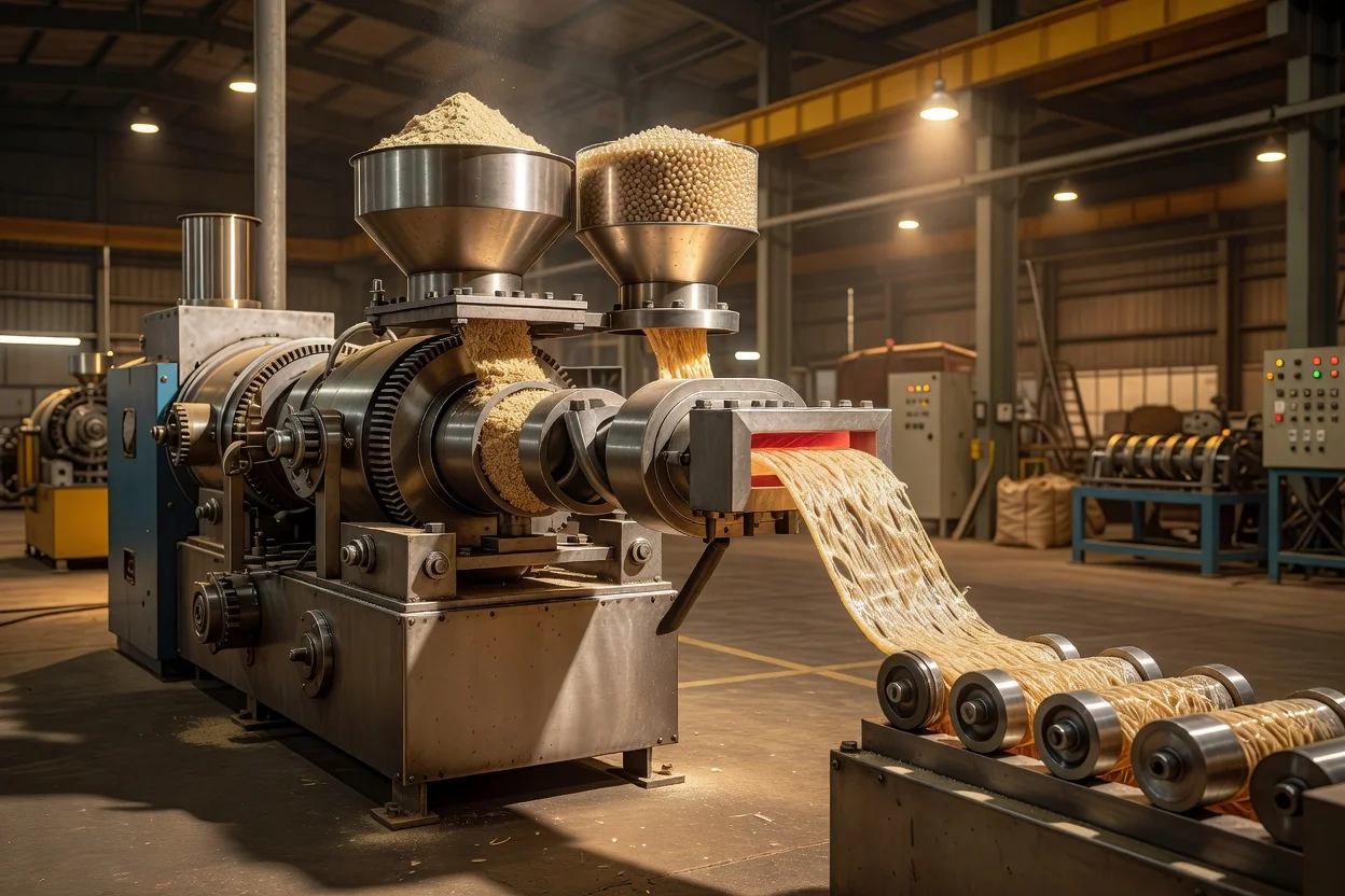 Twin-screw extruder processing bamboo-polymer composite pellets with raw material hoppers and continuous extruded strands. - plascentral.com


