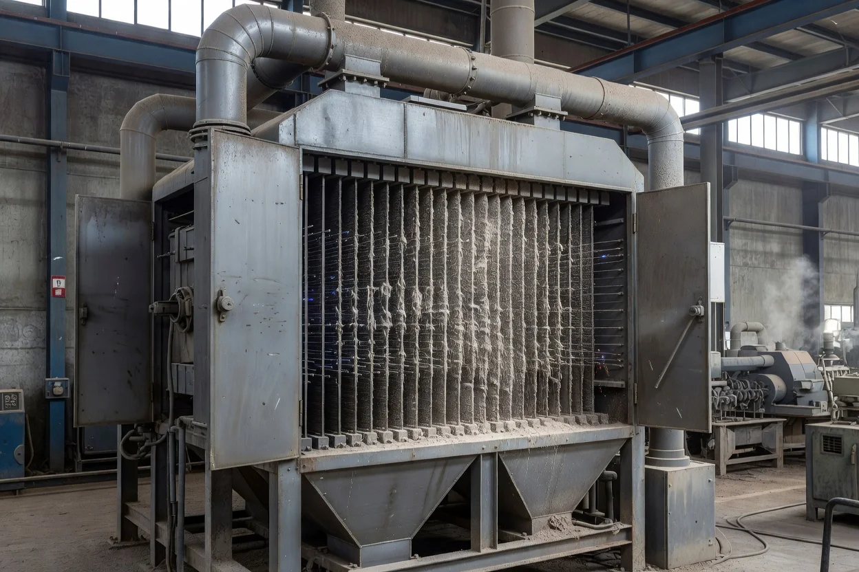用於含塵空氣過濾的靜電噴塗系統，配備垂直電極和頂部管道。 - plascentral.com

