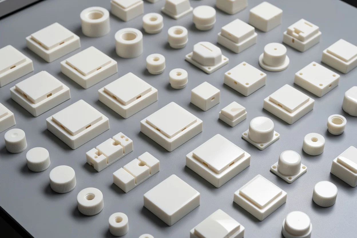 Assorted precision-molded white components fabricated from melamine resin. - plascentral.com

