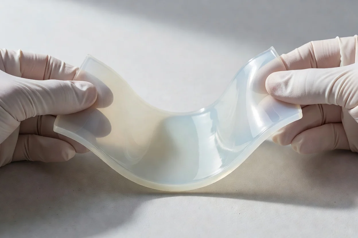 Hoja de silicona translúcida flexionada para demostrar flexibilidad, superficie lisa y transmisión de luz. - plascentral.com

