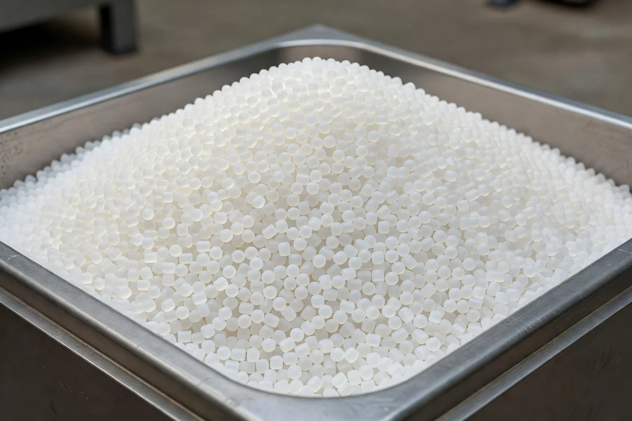 Granulés de polymère PBS blancs uniformes empilés dans un récipient en acier inoxydable. - plascentral.com

