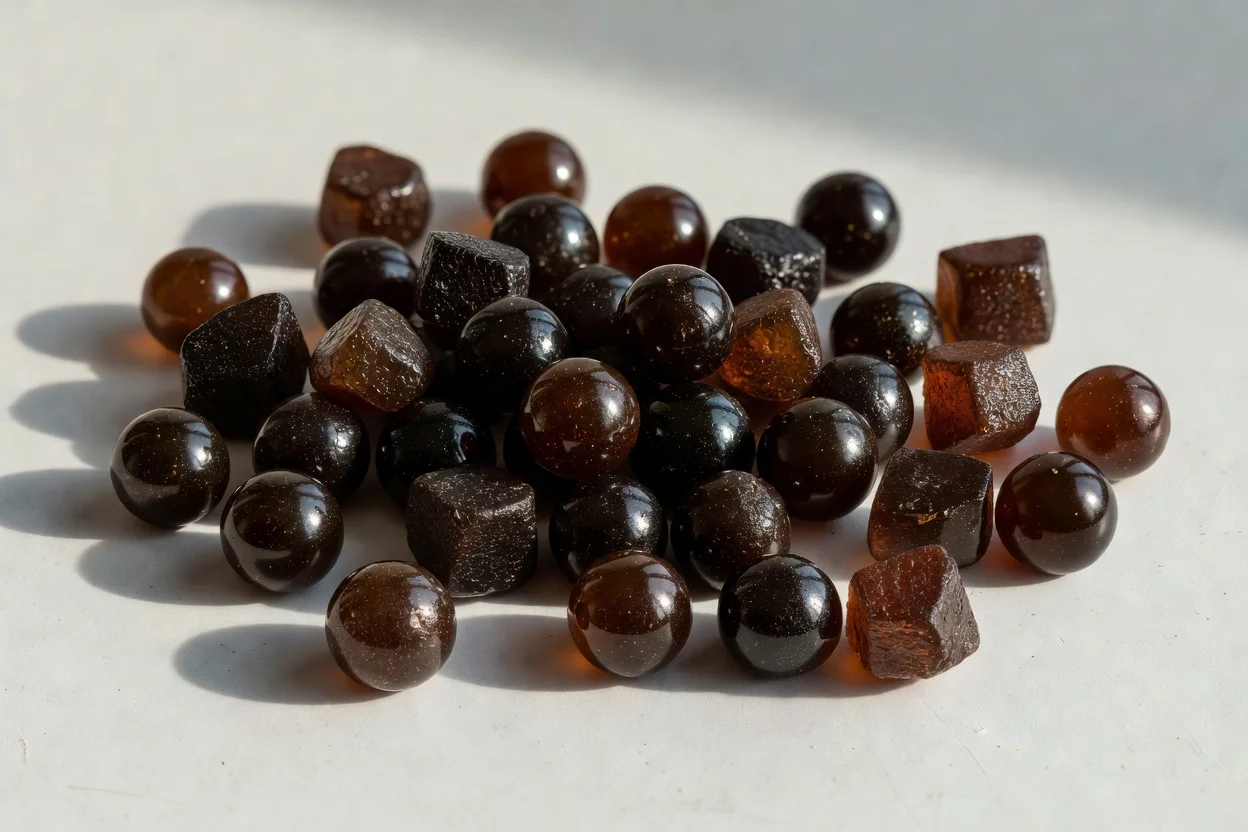 Dark brown phenolic resin pellets in spherical and faceted shapes for molding compounds. - plascentral.com

