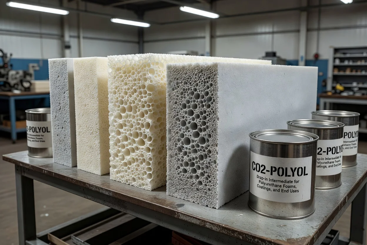 Bloques de espuma de polímero poroso exhibidos con contenedores intermedios de poliol etiquetados - plascentral.com

