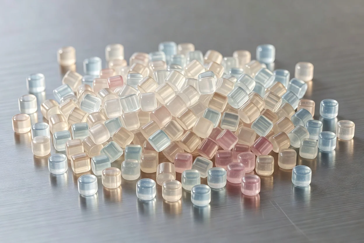 Translucent masterbatch plastic pellets in soft pastel hues for polymer coloring applications. - plascentral.com

