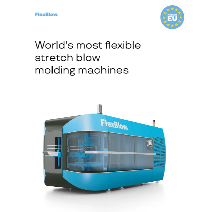 Máquina de moldeo por soplado con estiramiento con carcasa azul y negra y paneles transparentes que revelan los componentes internos - FLEXBLOW(UAB“TEREKAS”) | Cpsemarketplace