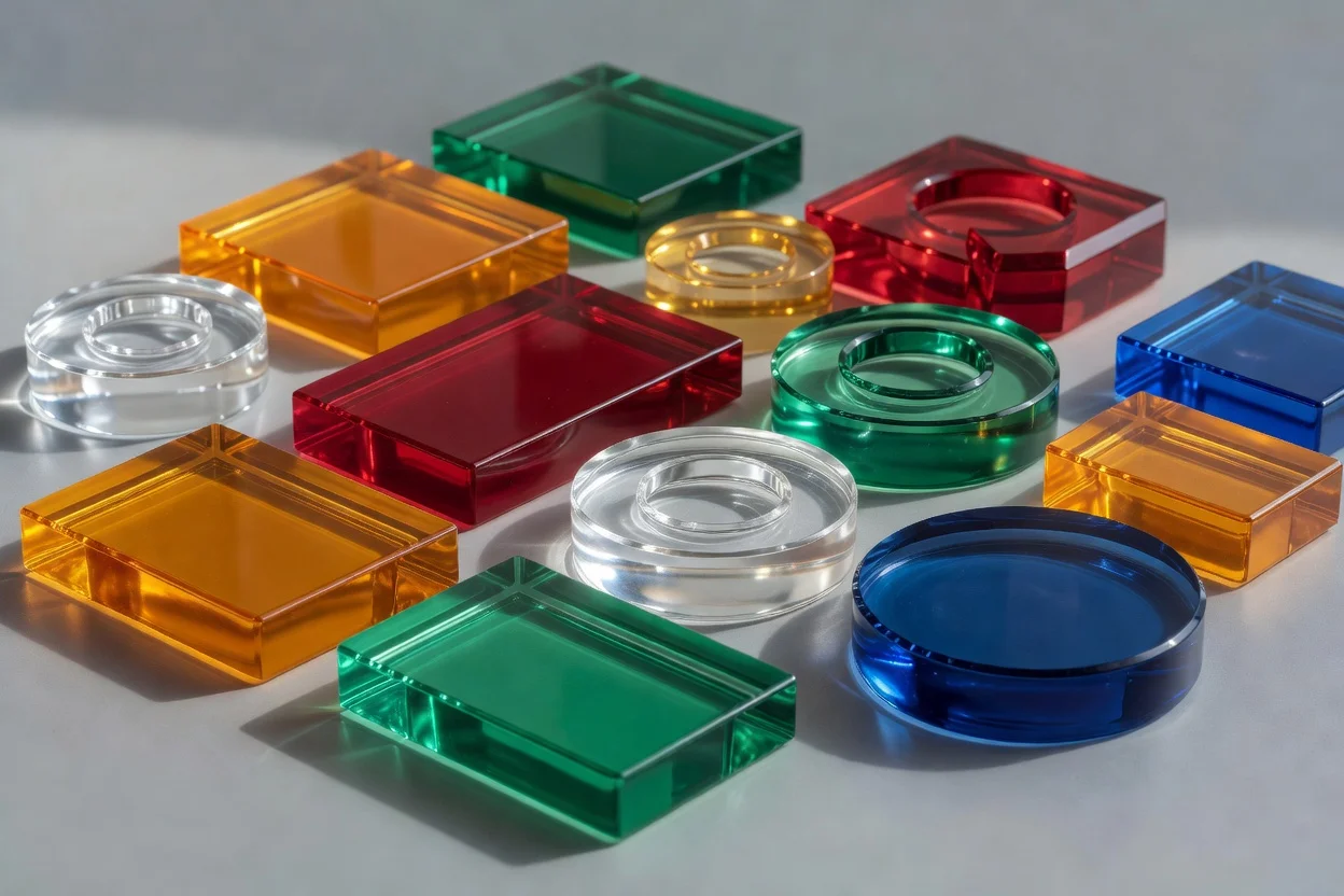 Componentes de plástico teñido transparente en rojo, verde, azul, ámbar y transparente, destacando el grosor y la translucidez. - plascentral.com

