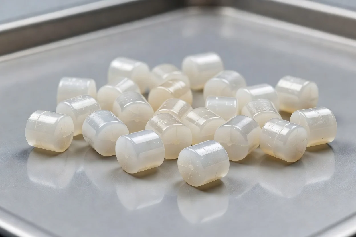 均一な半透明の白色PBT樹脂ペレット、サイズと形状が一定。 - plascentral.com


