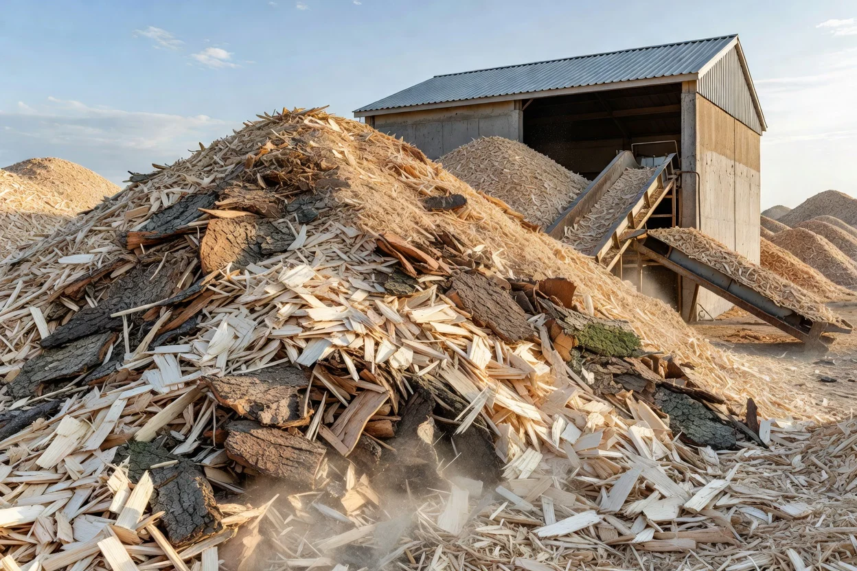 Acopio de astillas de madera y corteza en una instalación de procesamiento de biomasa - plascentral.com


