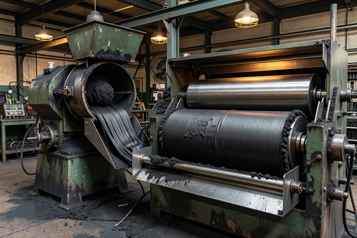 Des rouleaux industriels formant du caoutchouc néoprène noir épais en feuilles continues. - plascentral.com

