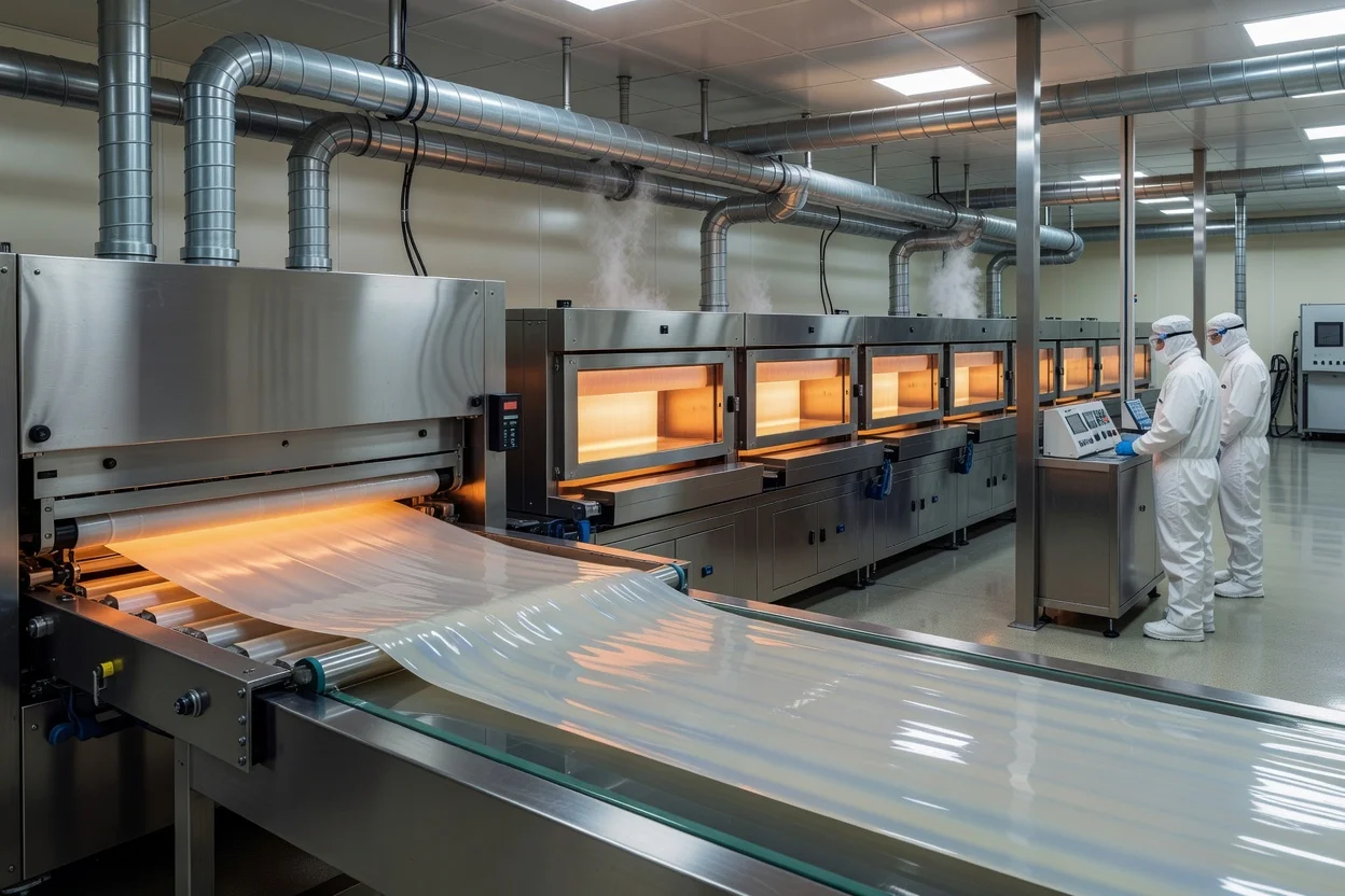 Amber polyimide film advancing through high-temperature ovens in controlled production - plascentral.com

