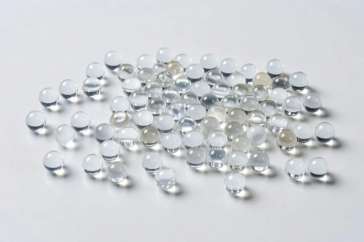 Granulés de SAN sphériques transparents avec une forme uniforme et une texture brillante. - plascentral.com

