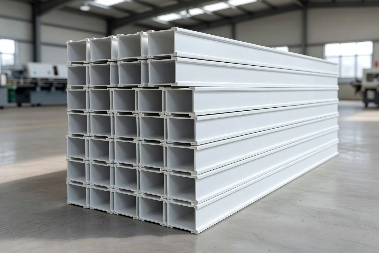 Profilés d'extrusion en plastique blanc empilés proprement avec des sections rectangulaires creuses. - plascentral.com

