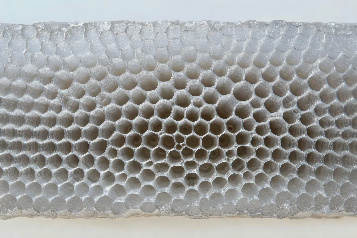 Expanded polymer foam cross-section with uniform hexagonal cellular structure for insulation and packaging. - plascentral.com

