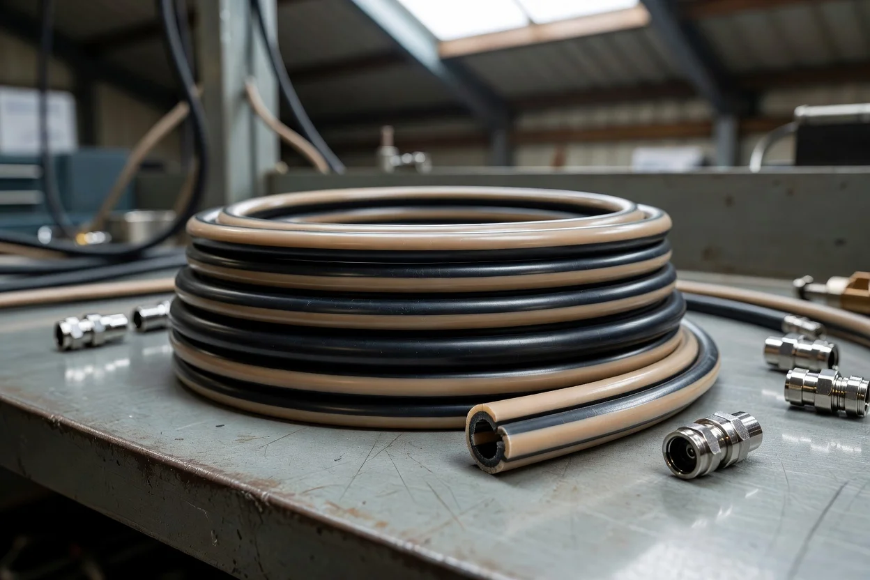 Tuyaux en caoutchouc industriels enroulés avec raccords métalliques pour le transfert de fluides. - plascentral.com

