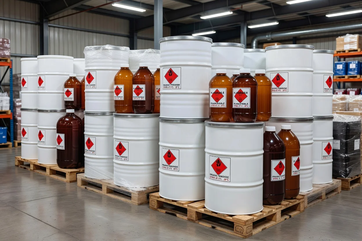 Tambours de peroxyde organique blanc et ambre empilés sur des palettes en bois - plascentral.com

