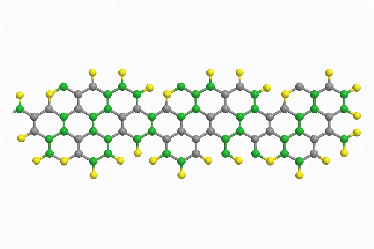 Molecular model of PCTFE polymer chain showing repeating carbon, fluorine, and chlorine atoms - plascentral.com

