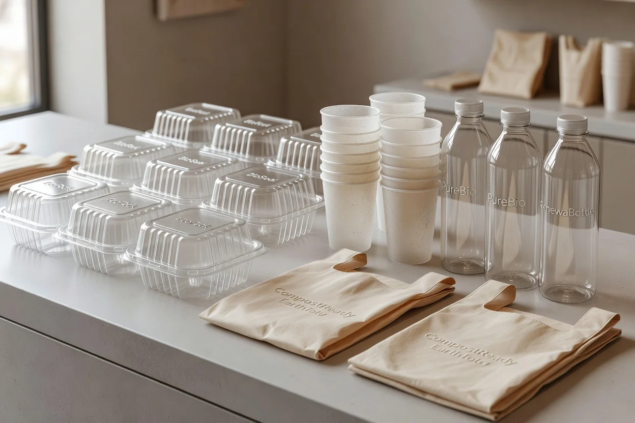 Bioplastic food packaging assortment featuring clear containers, compostable cups, transparent bottles, and reusable bags. - plascentral.com

