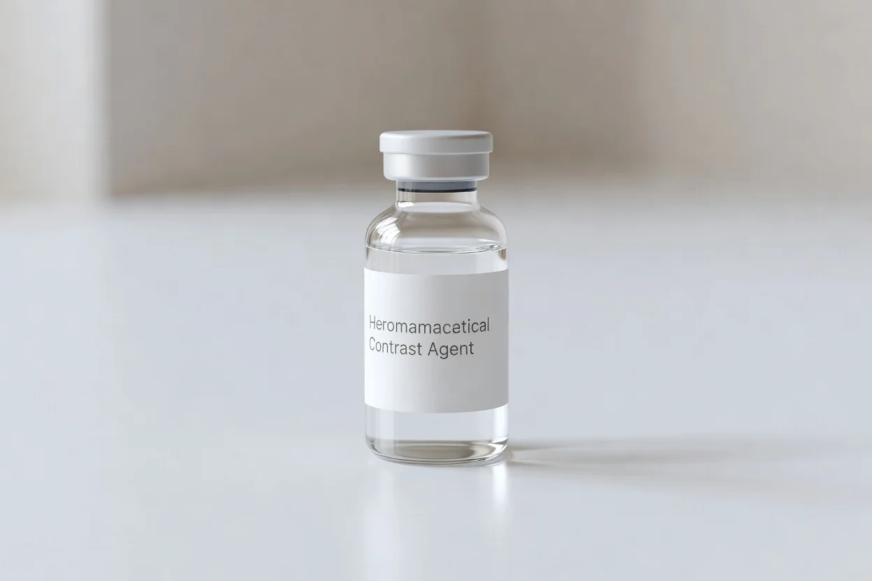 密闭的造影剂溶液玻璃瓶，带有白色瓶盖和标识标签。 - plascentral.com