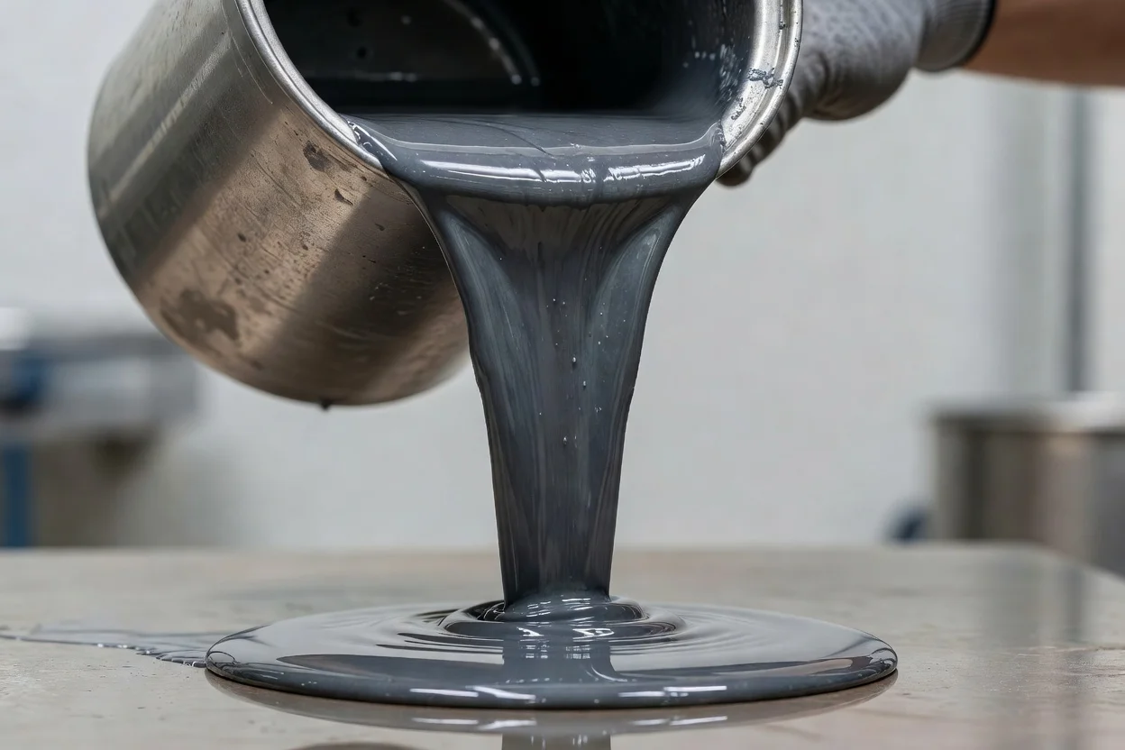 Viscous gray polymer coating flows from metal vessel onto flat substrate forming smooth layer - plascentral.com

