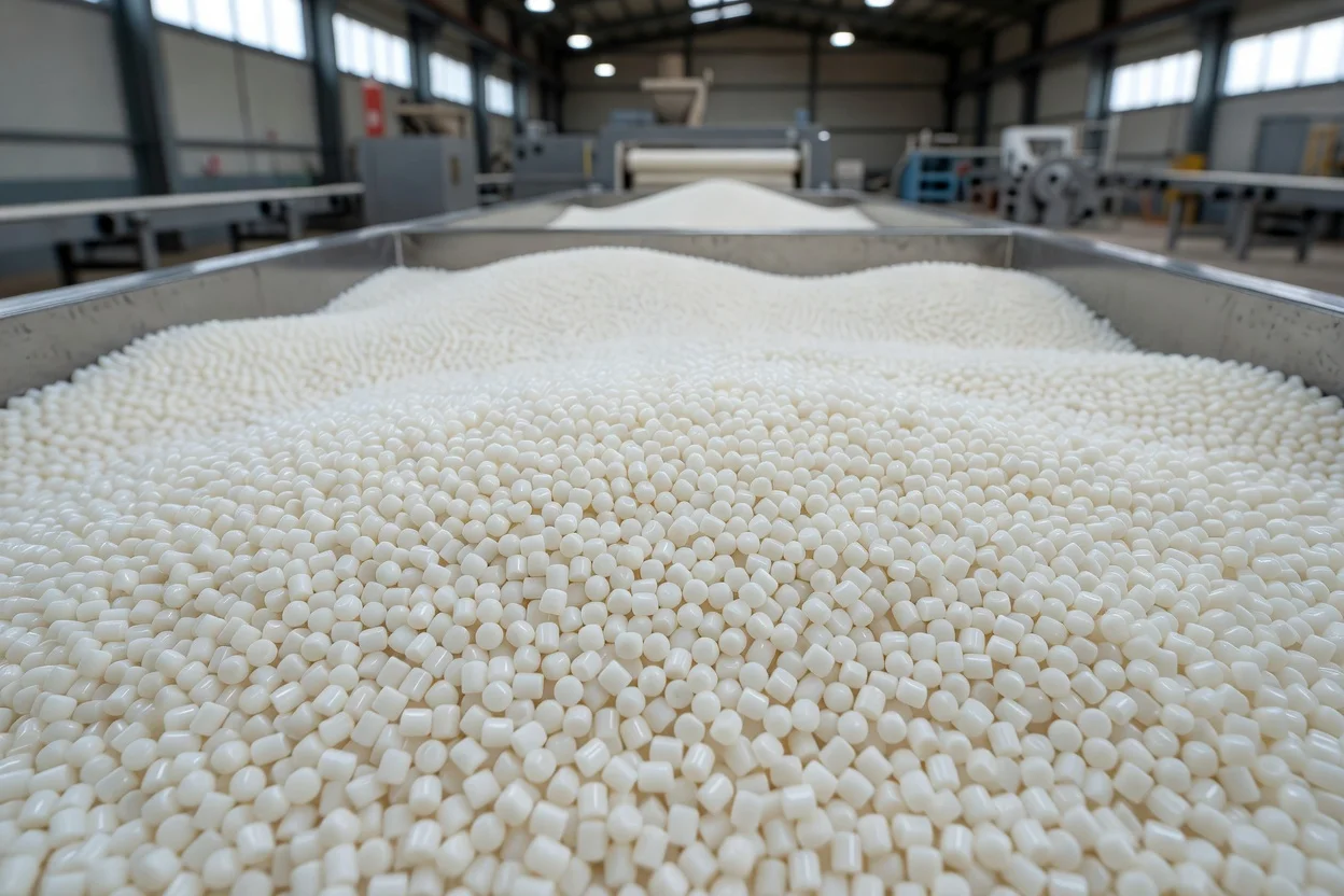 Uniform white acetal polymer pellets filling a metal container. - plascentral.com


