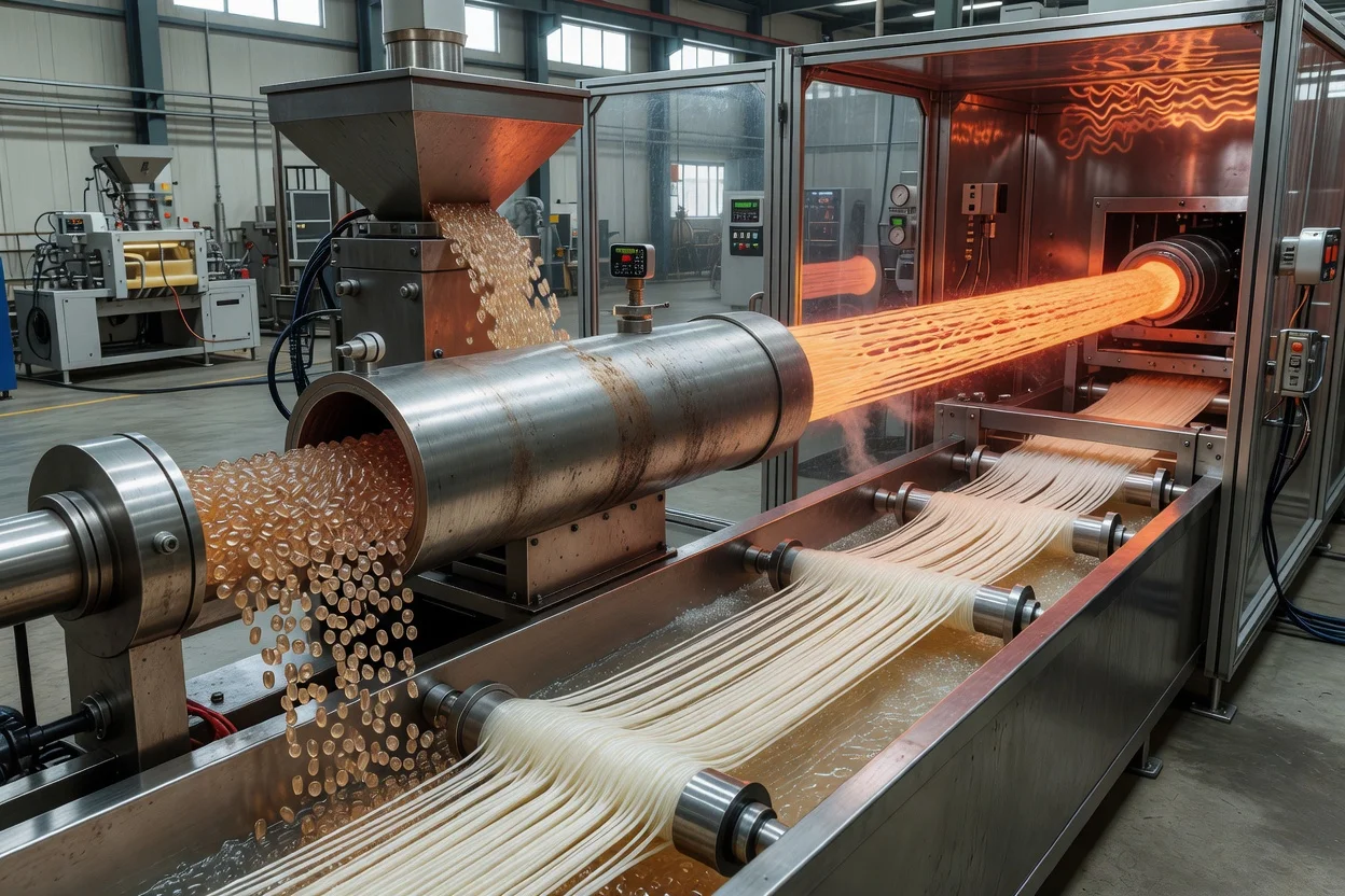 Polymer pellets fed into extrusion machine producing emerging molten strands - plascentral.com

